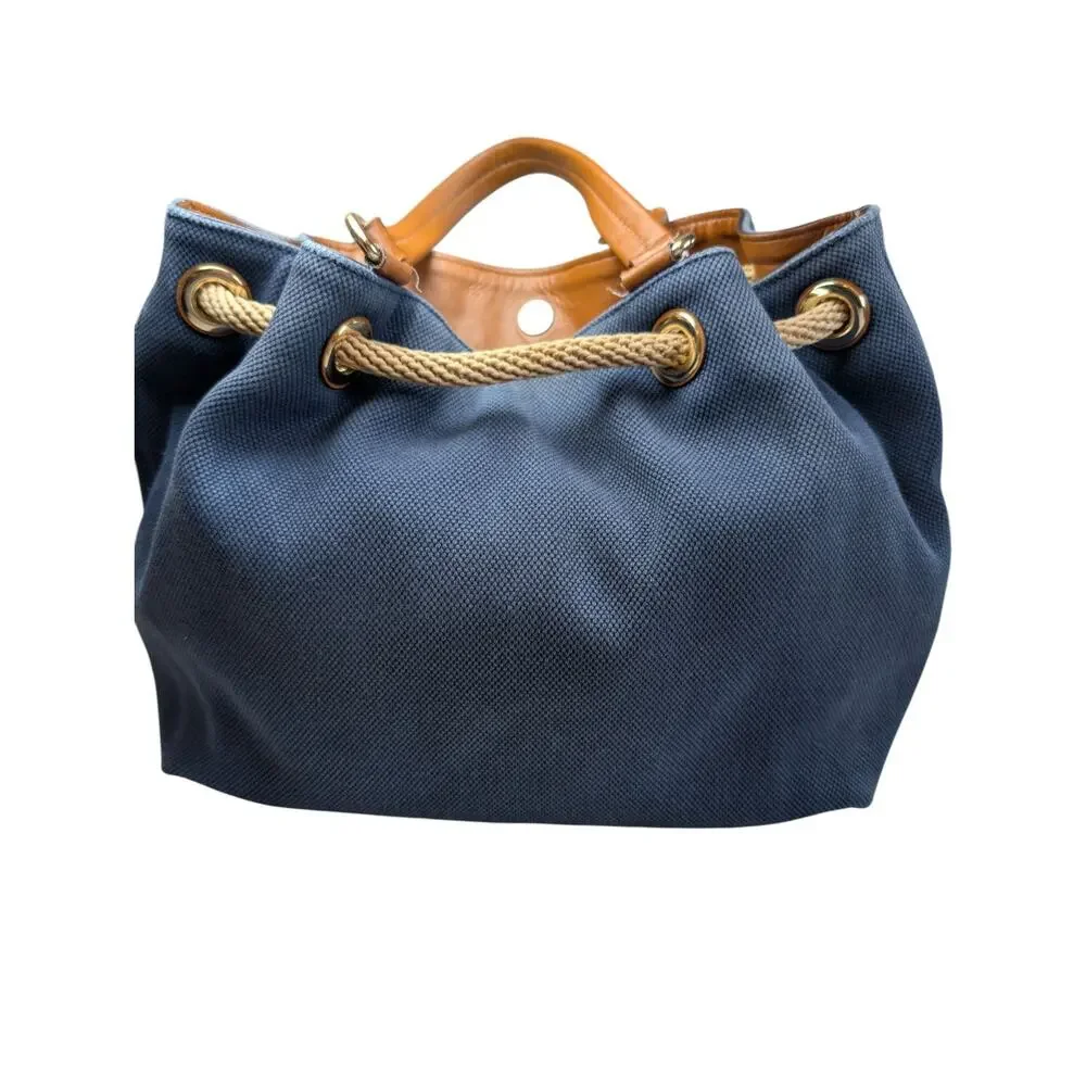 Michael Kors Marina Canvas Rope Tassel Large Bucket Bag Drawstring Blue